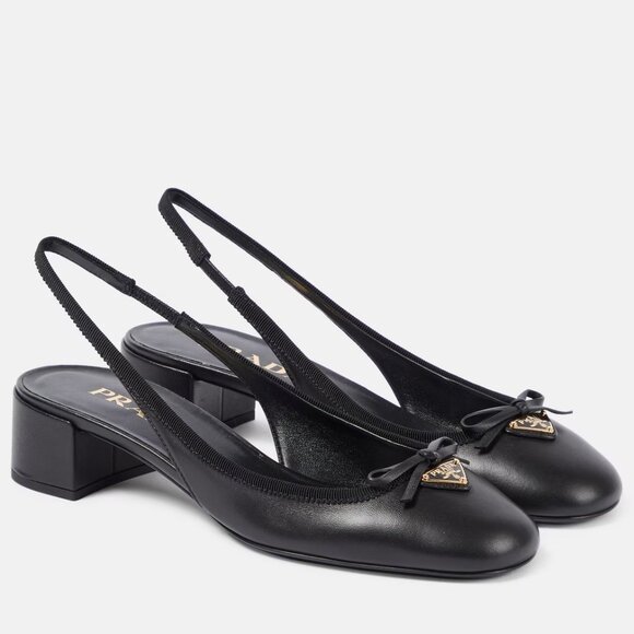 PRADA Triangle Logo Bow Leather Slingback Ballerina Pumps Heels Sandals - Picture 3 of 16